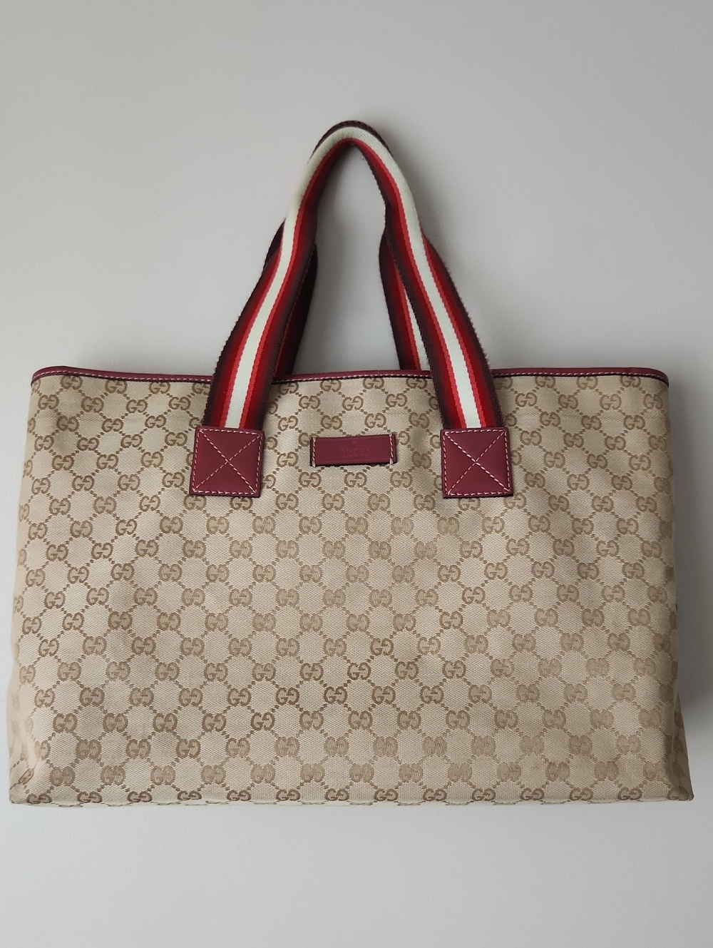 Gucci Monogram Canvas Travel/Laptop Tote with Dark Red Trim and Striped Handles